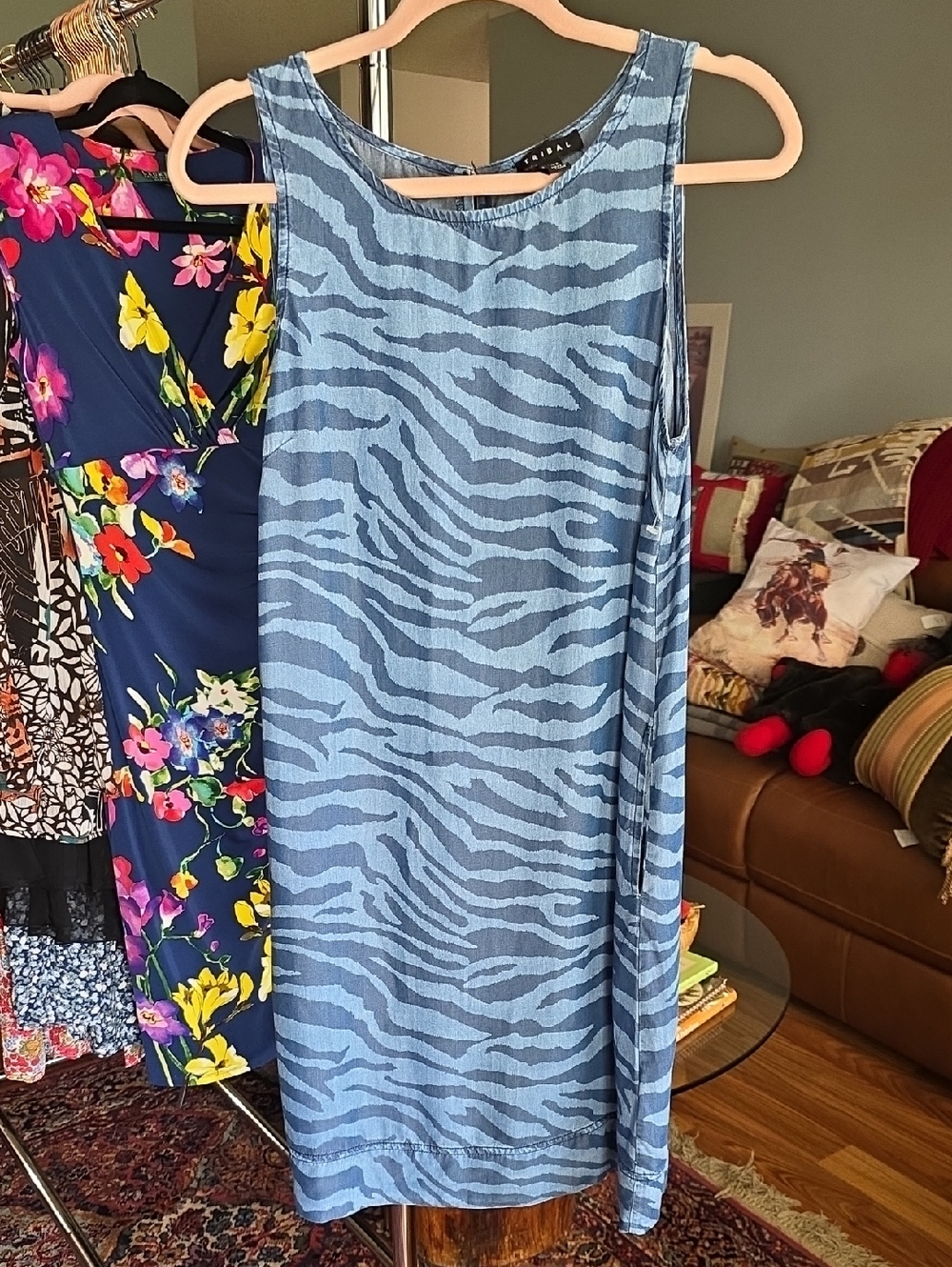 Tribal Blue Zebra-Print Sleeveless Shift Dress Size XS